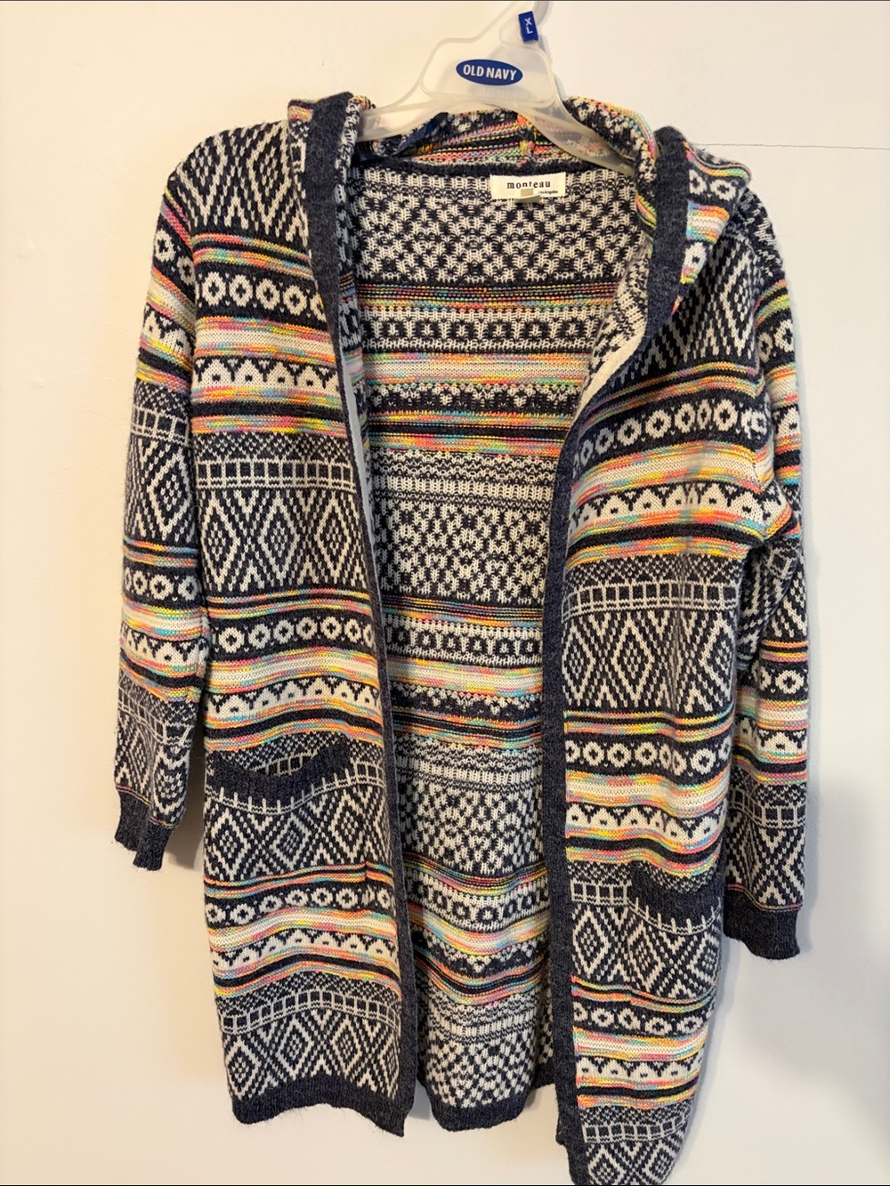 Monteau charcoal grey Hooded Cardigan with Multicolor Stripe Accents. Small.
